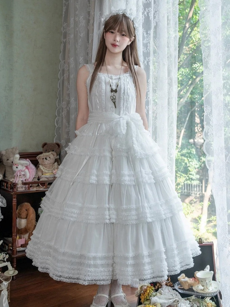 White Square Neckline Tiered Ruffles Elegant Lolita JSK Dress