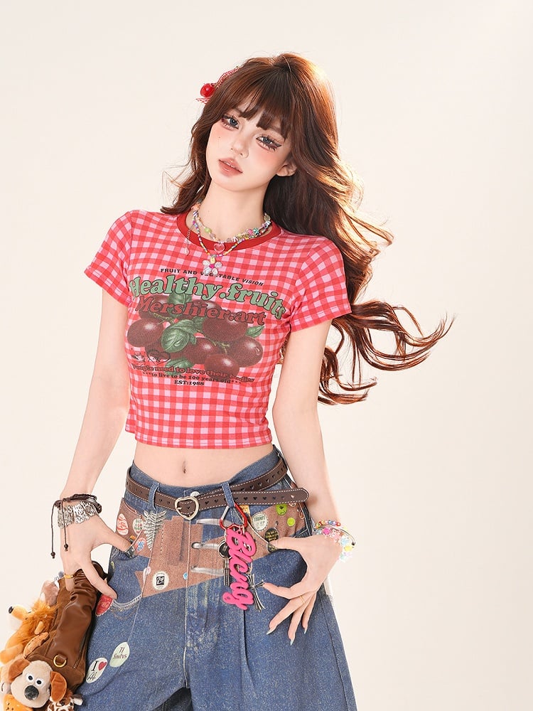 Red Plaid Round Neck Fruit Print Cropped T-Shirt