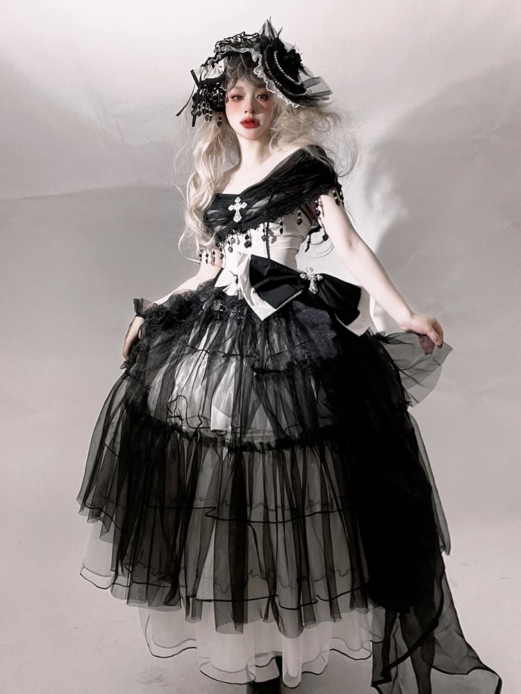 Plus Sizes Available Black Gothic Princess Off-the-shoulder Neckline Dress Black and White