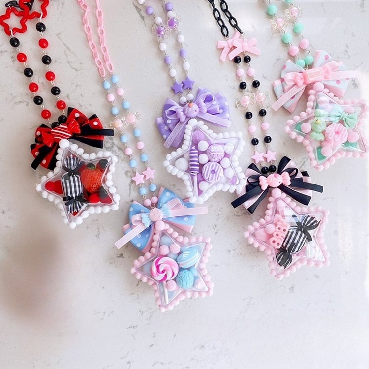 Star Bowknot and Bead Decora Kei  Necklace 12 Color Options