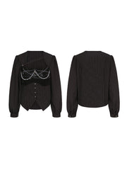 Plus Size Black Y2K Gothic Striped Top with Cross Charms & Bead Chains