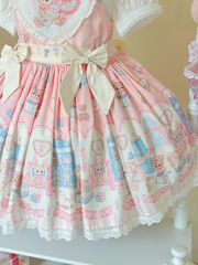 Teddy and Bunny Plush Toy Print Pink Sweet Lolita Overall Dress