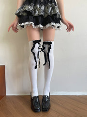 White Over Knee Stockingswith Black 3 D Bow Ribbons