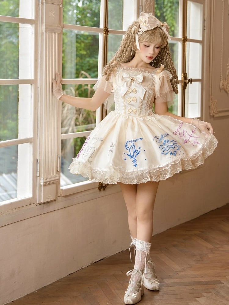 Zodiac Embroidered Champagne Lolita Dress with Tulle Butterfly Sleeves