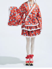 Red Polka-dot Pattern Cat and Bird Print Haori with Corset Belt