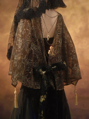 Gold High-low Design Cutout Back Shawl with Tassels and Bead Chain