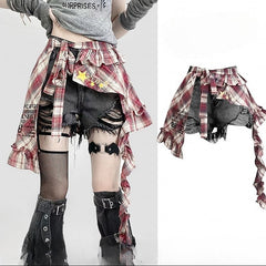 Y2K Bittersweet Black Distressed Holes Design Shorts +  Leg Warmers + Red Plaid Accessory