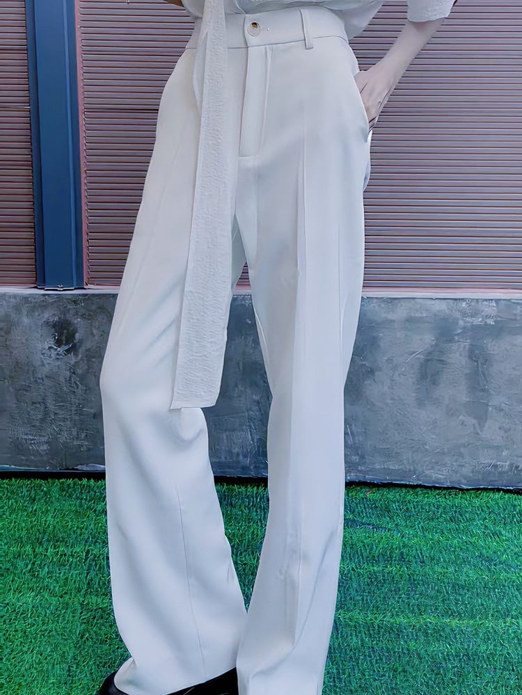 White Ouji Lolita High-waisted Slight Flare Pants with Button Closure & Zipper Fly
