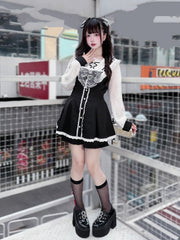 Nautical Jirai Kei Coord Set: Black and White Sailor Collar Dress with Matching Shorts