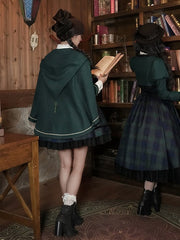 Preppy Style Green Plaid Pattern Lolita Set - Short Version JSK + Shirt + Witch Hooded Cape
