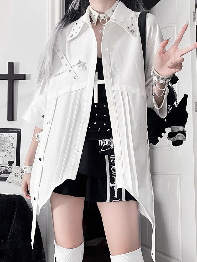 White Punk Short-Sleeve Shirt with Studded Collar & Asymmetrical Hem