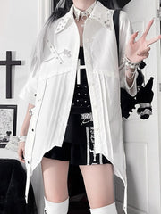 White Punk Short-Sleeve Shirt with Studded Collar & Asymmetrical Hem