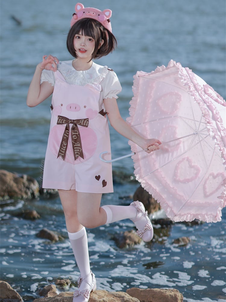 Adorable Piggy Pattern Pink Bubble Shorts Overalls