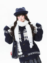 Navy Blue/Grey Daily Kawaii Cardigan with Toggle Button Closure & Jacquard Pattern