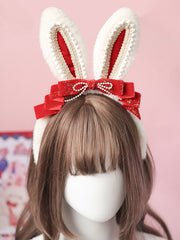 Sweet Lolita Plush Bunny Ear Pearl Glitter Red Bowknot KC