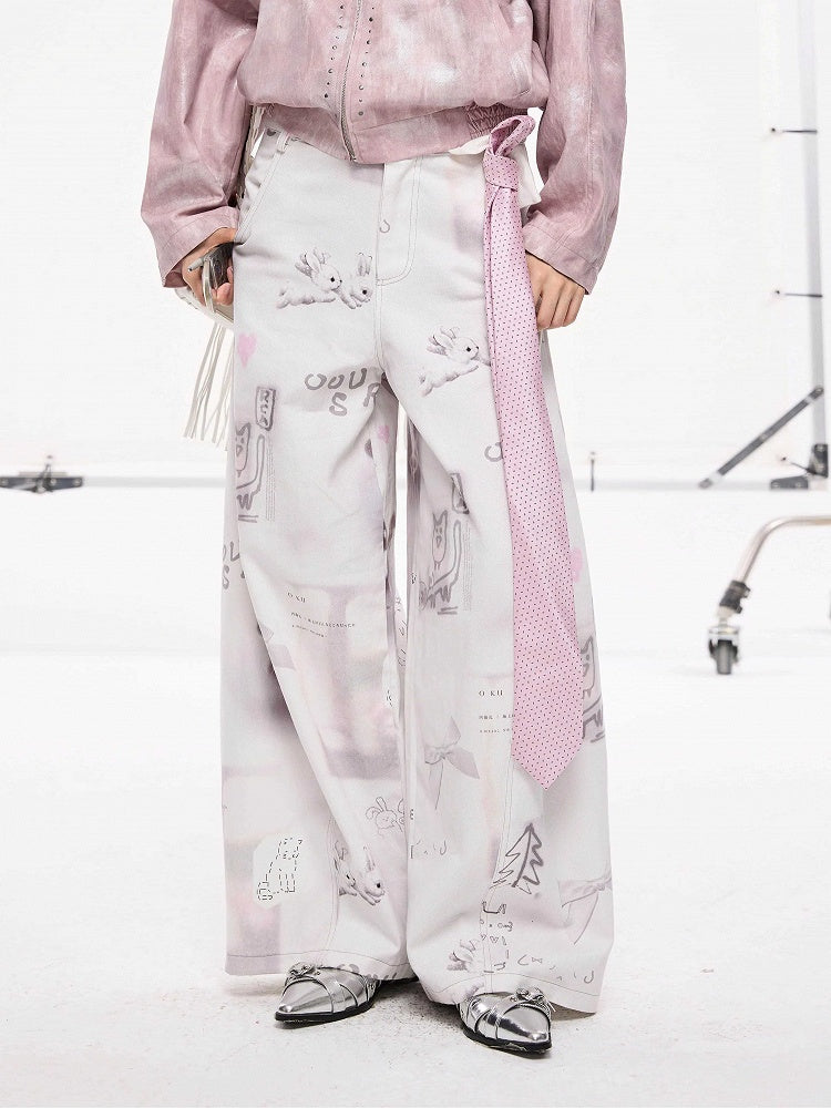 White Wide-leg Jeans with Hand-Drawn Doodles and Bow Print