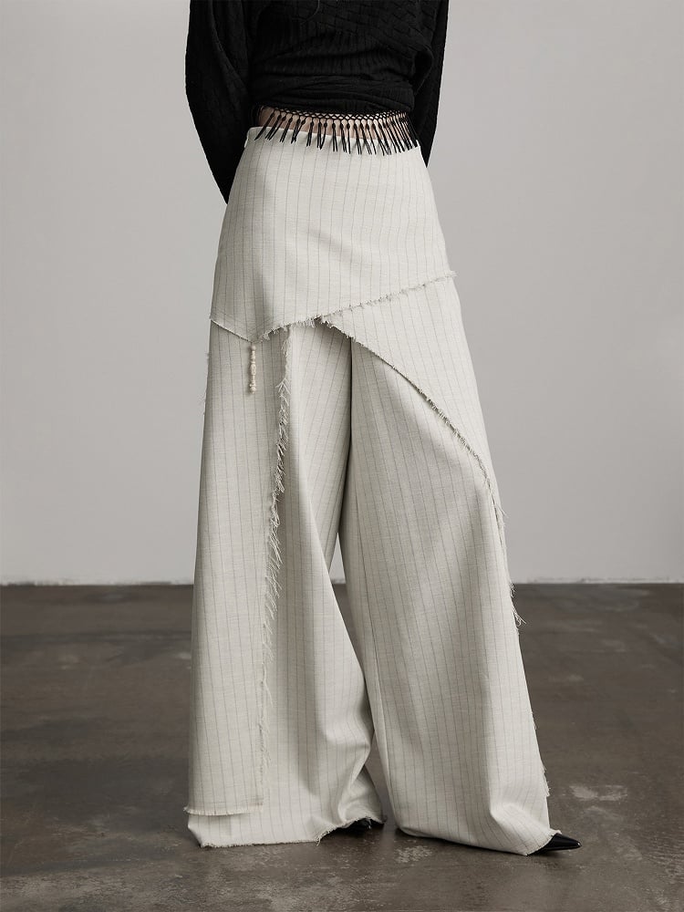 Urban Goth Apricot Asymmetrical Cut Frayed Striped Wide-Leg Pants