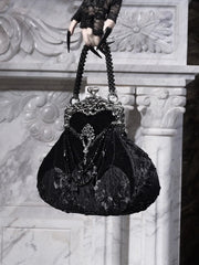 Lace and Velvet Black Bat Design Handbag with Rhinestone Chains & Beaded Handle
