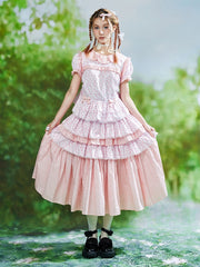 Pink Floral and Bowknot Print Skirt with Lace Trim