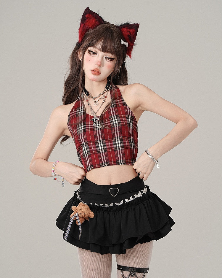 Red Plaid Halter Neck Crop Tank Top - Adorable & Slimming