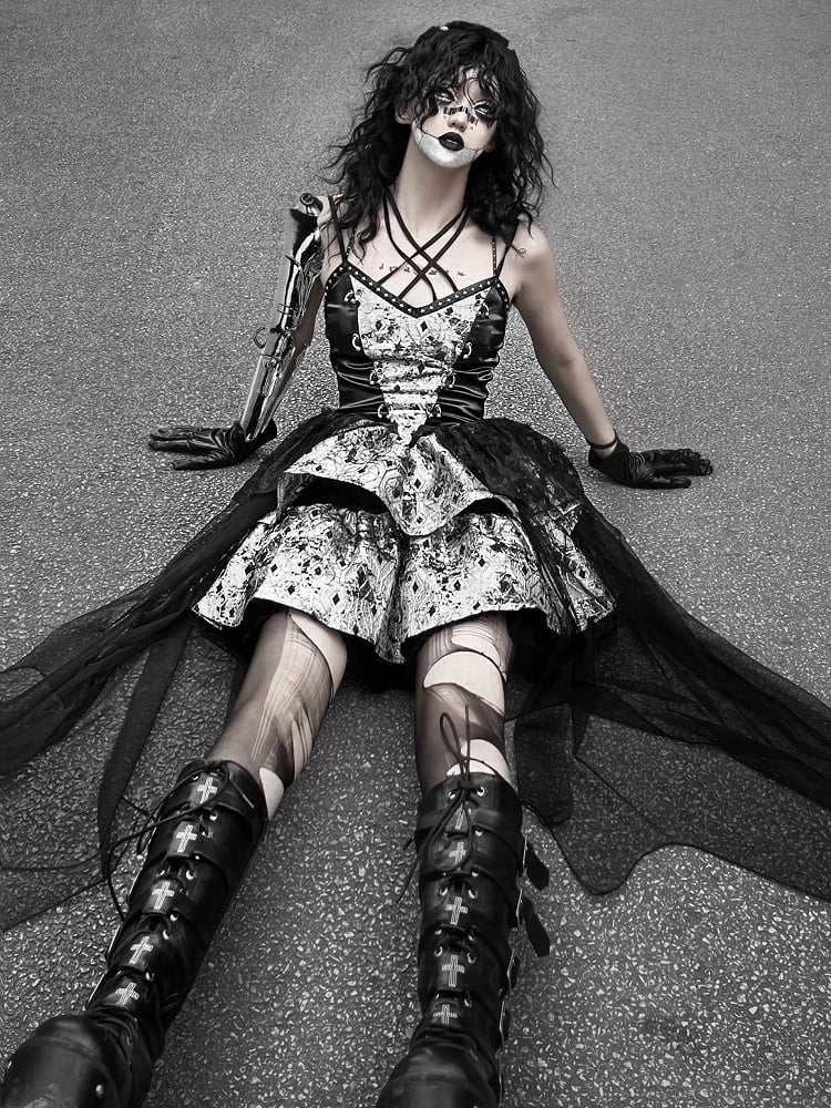 Metal Punk Dress Studs Neckline Detachable Tulle Overskirt