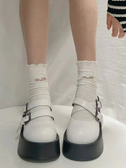 White Mary Janes - Double Buckle Design & Black Platform Sole