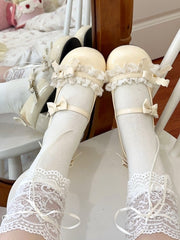 Yellow Sweet Lolita Mid-heel Mary Janes in PU Leather with Bow Accents & Ruffled Lace
