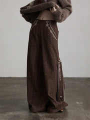 Urban Goth Dark Coffee Thick Embroidered Striped Wide-Leg Pants with Leg-Cuff Design