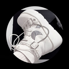 White Moon Applique Buckle Ankle Strap  Platform Boots