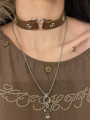 Y2K Brown PU Choker with Cross Chain Decorated