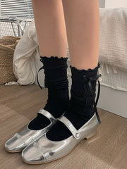 White/Black Side Ruched Bow Decorated Calf Socks with Ruffled Trim