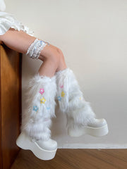 White Y2K Plush Bunny Ear Leg Warmers with Colorful Hairclips Decoration