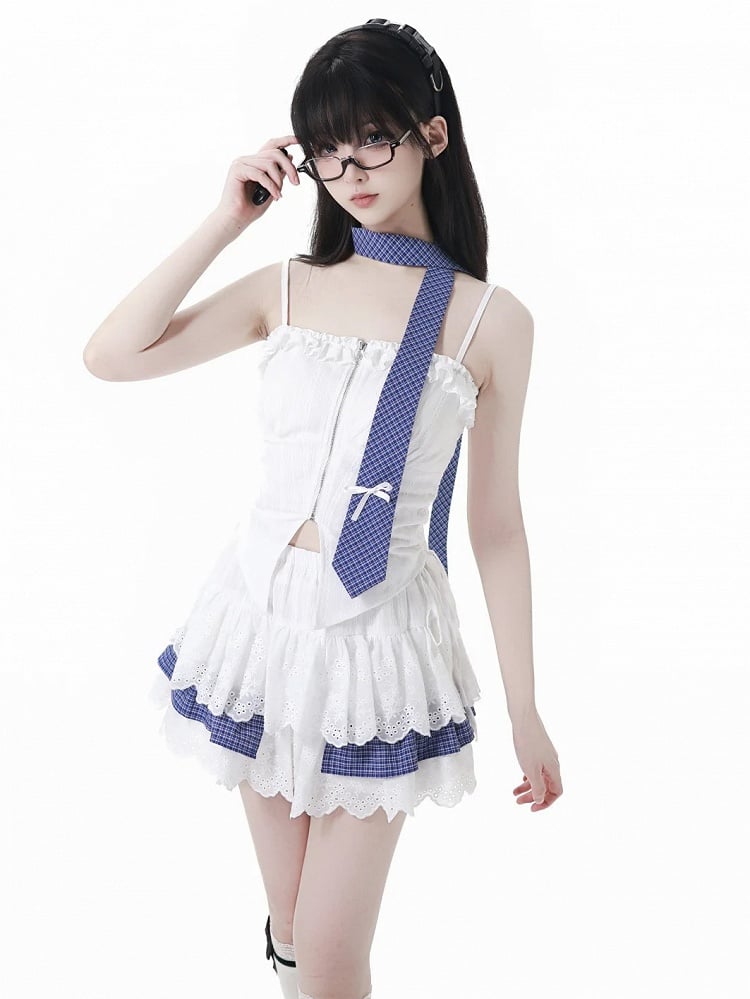 White Pointed Hem Zip-Up Cami Top with Side Drawstrings