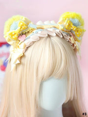 Yellow & Blue Lolita Sweet Plush Bear Ear Bowknot Hairclip/Hairband/KC/Mini Hat With Clips
