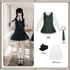 Green Preppy Style Fake Two-pieces Lolita OP + Tonal Tie + Hat + Bloomers