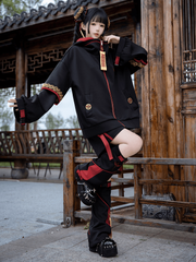 Techwear × Cheongsam Goth Little Zombie Outfit: Red & Black Hooded Jacket, Shorts, Leg Warmers & Hairclips
