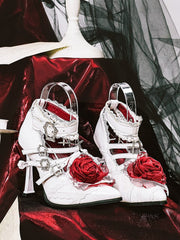 White Gothic Pointed Toe High Heels with Detachable Cross Charm Beaded Chains, Crisscross Straps & Lace Trim