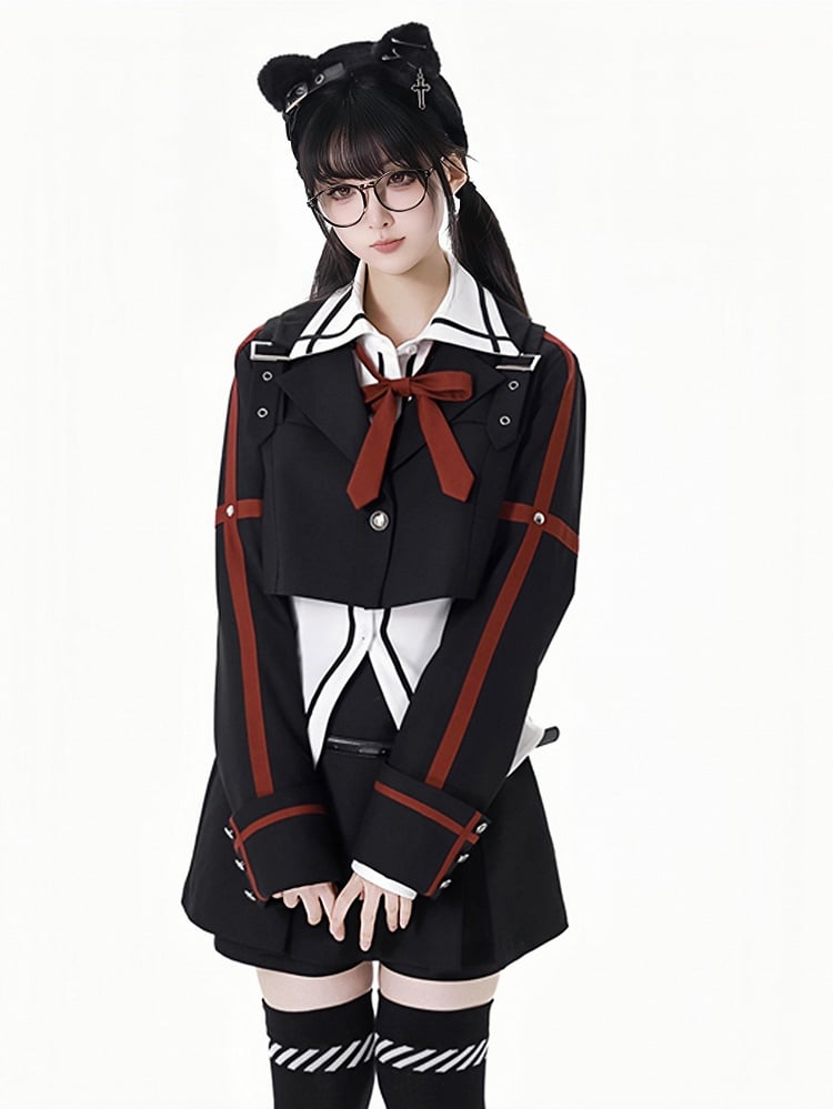 Black Buckle Straps Notched Collar Cropped Brazer