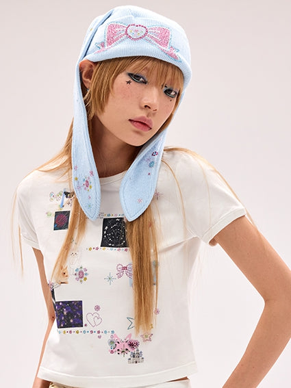 Y2K Bunny Ear Design Rhinestone Bow Blue Hat