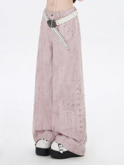 Light Pink Low Waist Studded Cross Appliques Wide-Leg Jeans