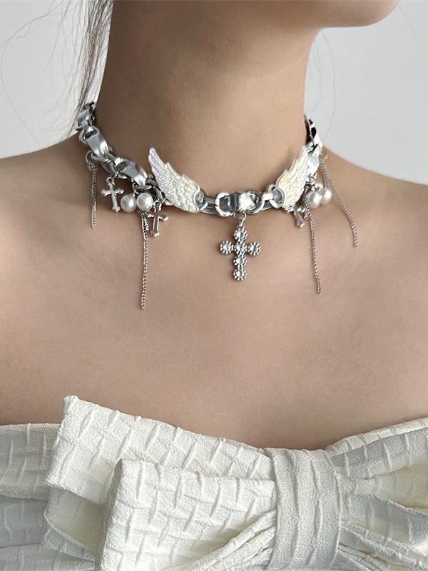 Y2K Silver Cross Wing Pendant Choker