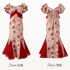 Plus Size Mesh Patchwork Hem Red Rosette Print Dress Mermaid Skirt