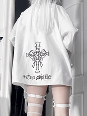 White Punk Long-Sleeve Shirt with Asymmetrical Hem & Studded Collar