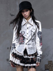 Vintage Punk Beige Shirt with Hand-Drawn Motifs & Studded Back Straps