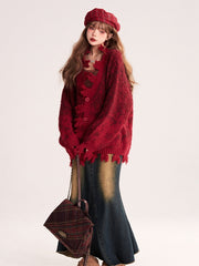 Red Distressed Edge Cardigan with V-Neck & Single-Button Closure