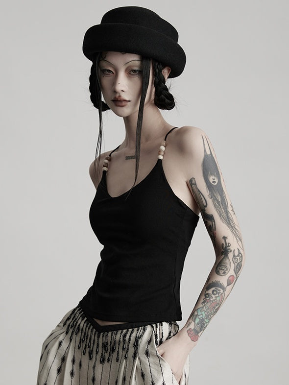 Urban Goth Black Slim-Fit Camisole Top with Beaded Decor