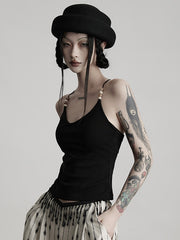 Urban Goth Black Slim-Fit Camisole Top with Beaded Decor