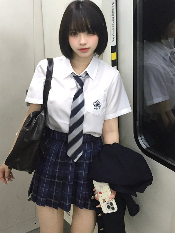 White/Gray/Blue Preppy Style Sakura Embroidery Shirt