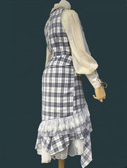 Blue & White Plaid Asymmetrical Ruffled Steampunk Lolita Skirt with Lace Trim