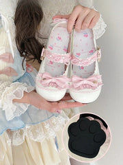 White Sweet Lolita Low Heels in PU Leather - Cat Paw Heel, Bow Decor and Kitty Clasp